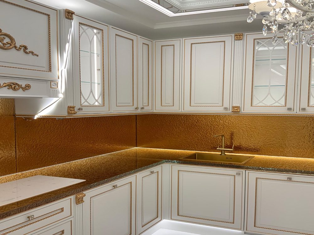 Glass mosaic tile backsplash